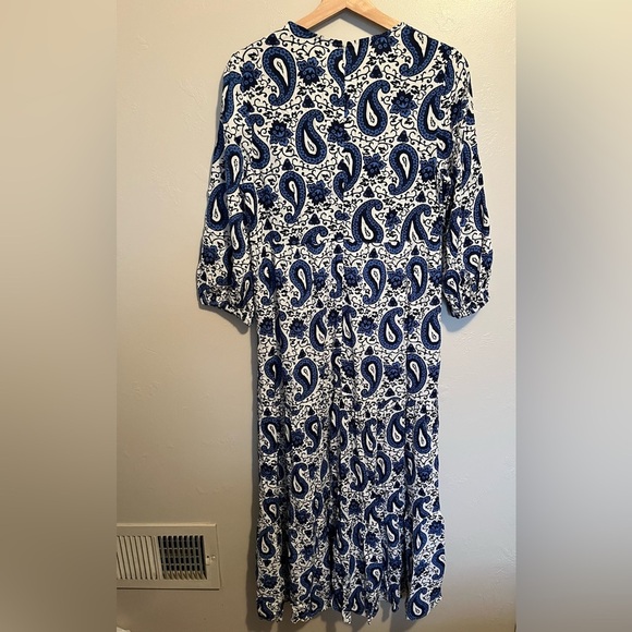 Boden Blue & White Blouson Sleeve Paisley Patterned Midi Dress Zip Back Size 10P - Picture 13 of 17